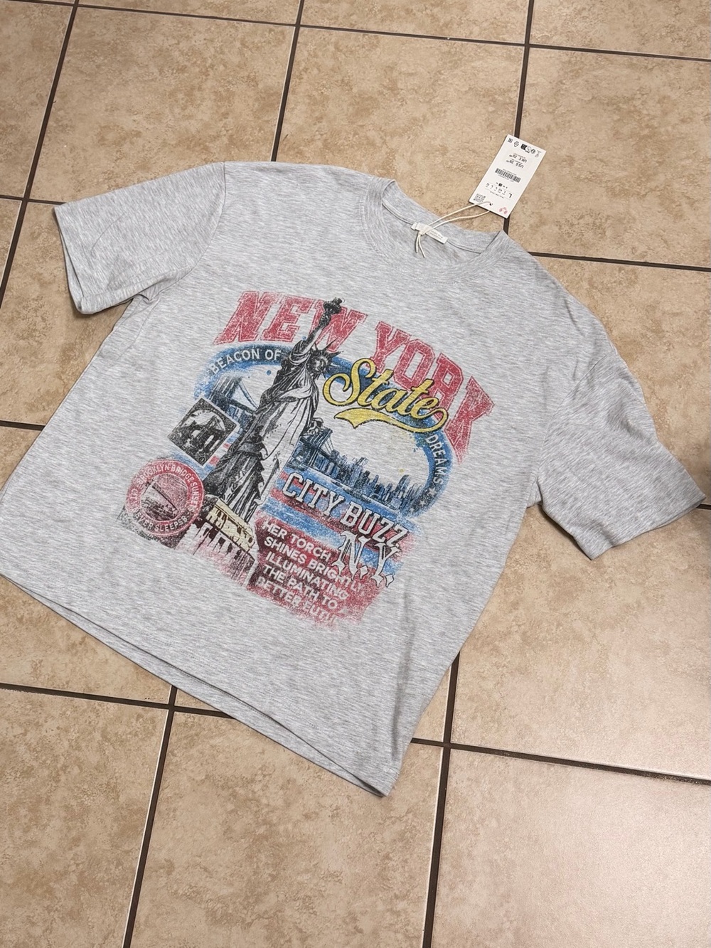 Zara Gray New York Graphic Tee with Red, Blue & Yellow Print